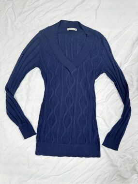 Y2K Forever 21 Navy Blue Cable Knit V-Neck sheer Sweater clean girl Preppy Small
